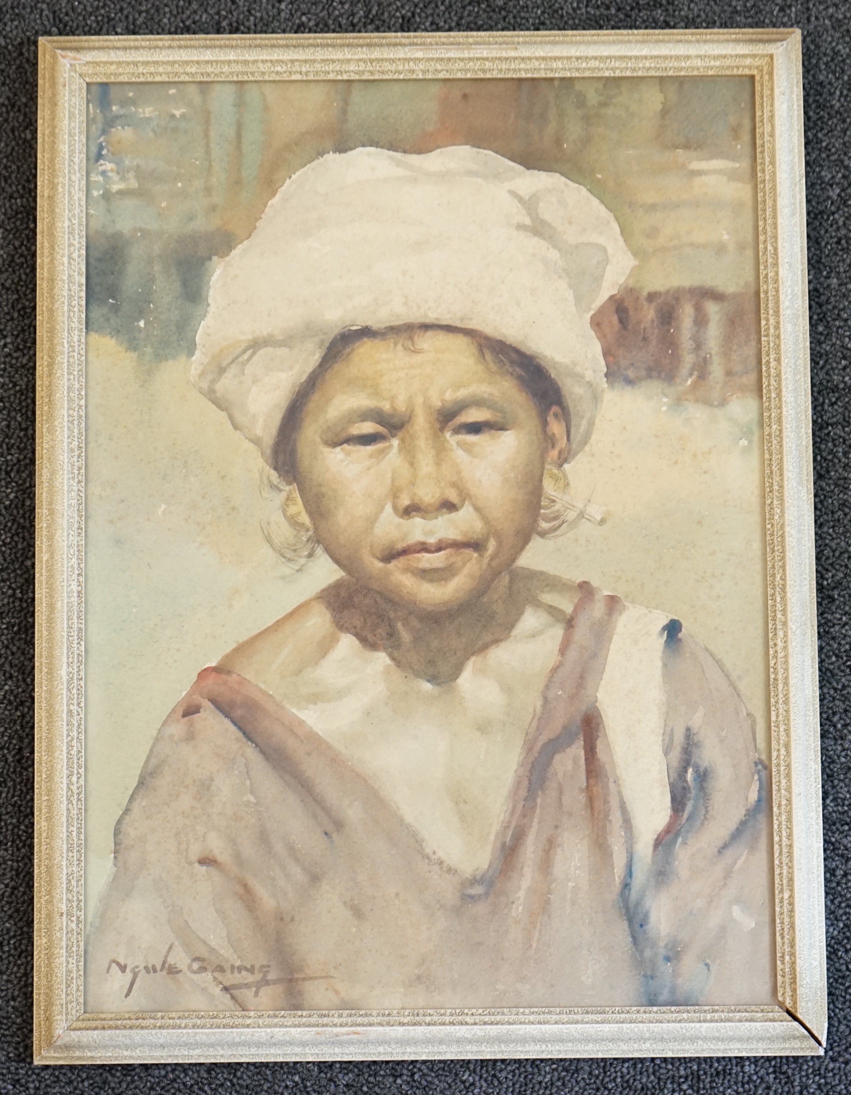 Ngwe Gaing (Burmese 1901-1967), Portrait of a woman wearing a white hat, watercolour on paper, 38 x 27cm